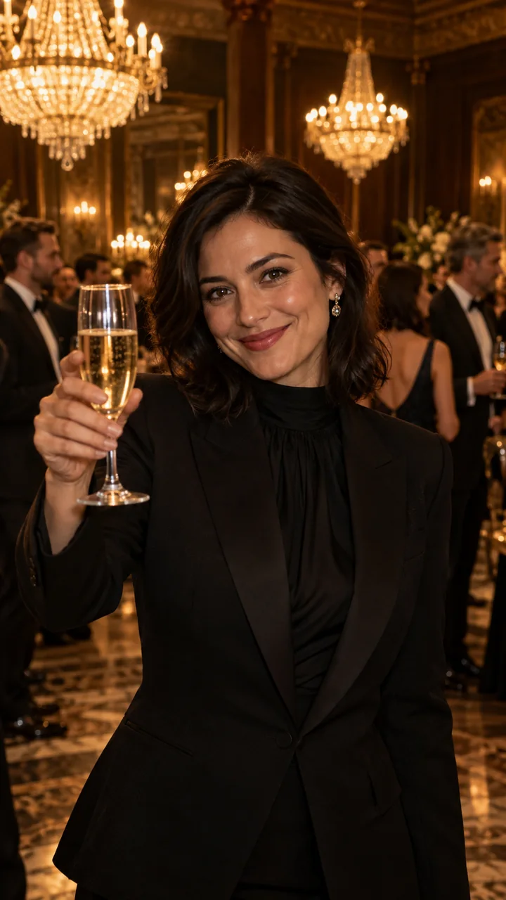 Fictional woman raising a glass in the party scene
