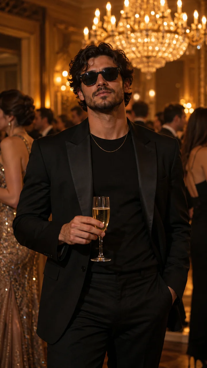 Fictional party character wearing sunglasses under warm chandelier light